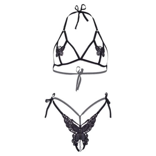 LEG AVENUE - SET DUE PEZZI REGGISENO E SLIP DI FARFALLE E PERLE TAGLIA UNICA - NERO - immagine 5