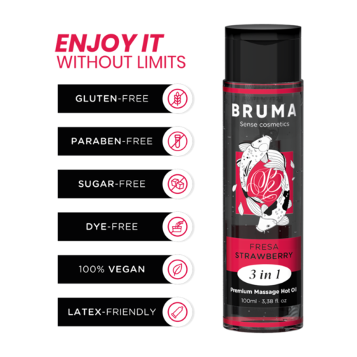 BRUMA - OLIO DA MASSAGGIO PREMIUM EFFETTO CALORE SAPORE FRAGOLA 3 IN 1 - 100 ML - immagine 3