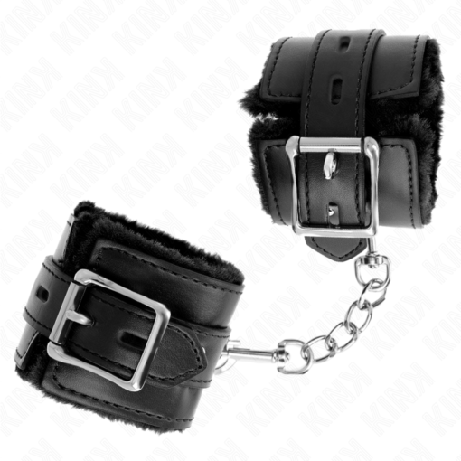 KINK - POLSINI IMBOTTITI IN PELLICCIA CON FORI QUADRI NERI E CINTURA NERA REGOLABILE 17-29 CM X 6 CM - immagine 2