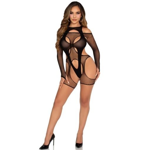 LEG AVENUE - BODYSTOCKING A RETE CON CINTURA E IMBRACATURA NERA - immagine 2
