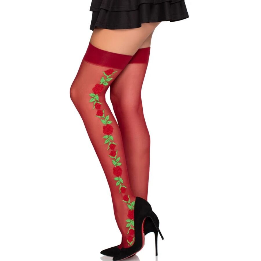 LEG AVENUE - CALZE CON CINTURA GIARRETTIERA 1957 CON FIORI ROSSI - TAGLIA UNICA - immagine 2