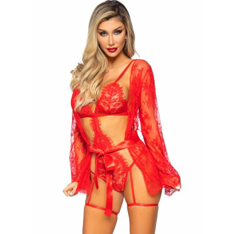 LEG AVENUE - 86123 SET VESTAGLIA TEDDY + GIARRETTIERA ROSSO TAGLIA M